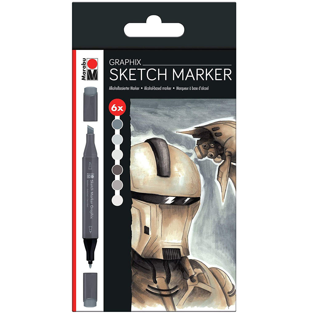 Marabu Graphix Sketch Marker Set - Alpha Robot 6 Grey Tone Colors