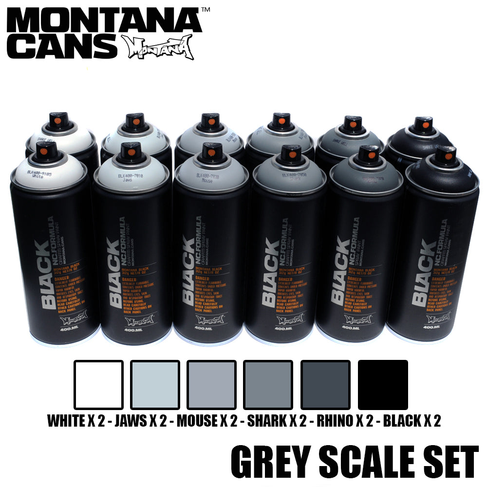 Montana BLACK 400ml Spray Paint 12 Pack - Grey Scale Colors - InfamyArt